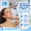 Imagen de uso del Filtro Purificador de Ducha Agua y Salud, diseñado para filtrar el agua de la ducha y ayudar a cuidar la piel, el cabello y las uñas. Mujer utilizando ducha con filtro de agua para el cuidado de la piel y el cabello