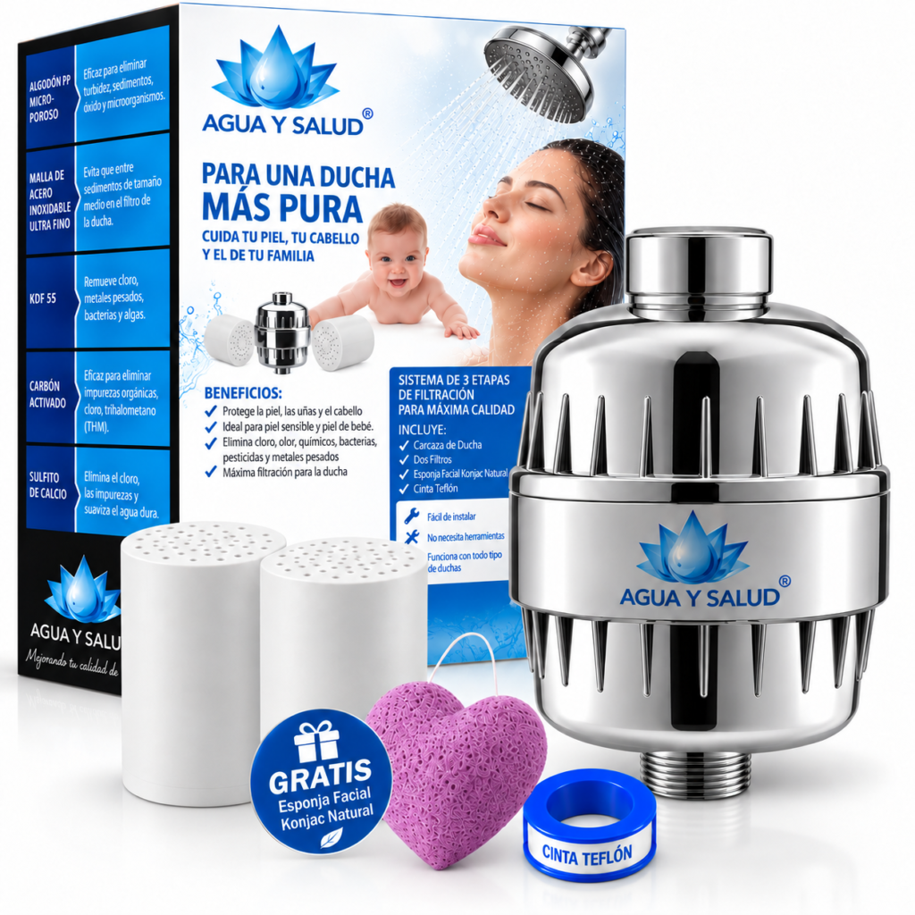 Filtro purificador de ducha Agua y Salud con 2 cartuchos, empaque y esponja Konjac gratis