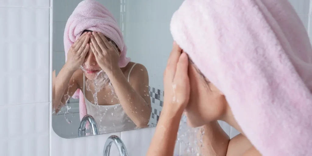 Mujer lavándose el rostro luego de ducharse con agua purificada de ducha
