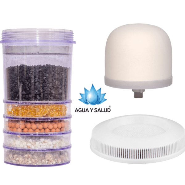 Kit de repuestos para purificador de agua de 24 litros Agua y Salud, incluye filtros de cerámica, carbón activado, resina de intercambio iónico y minerales esenciales para agua pura y saludable.