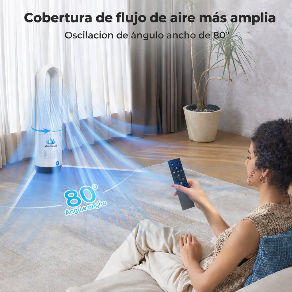 Ventilador sin aspas con control remoto en sala de estar