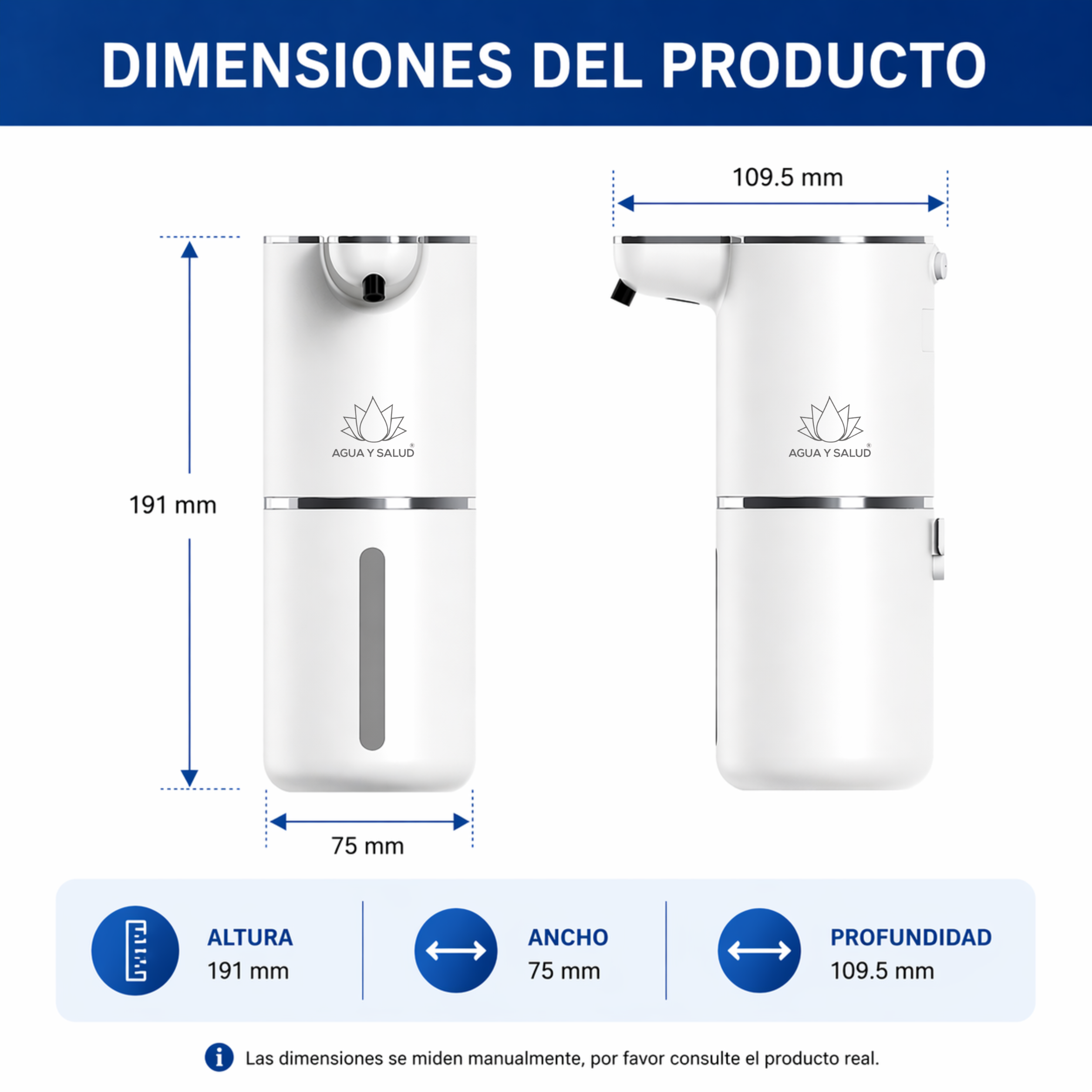 Dimensiones dispensador de jabón espuma automático 191mm altura
