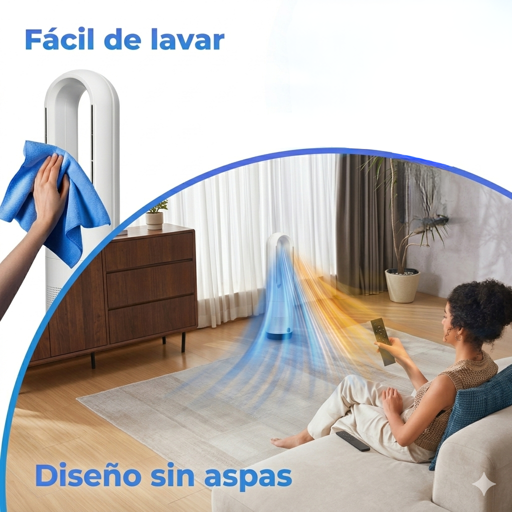 Ventilador sin aspas fácil de limpiar con control remoto mostrando flujo de aire frío y caliente en sala de estar
