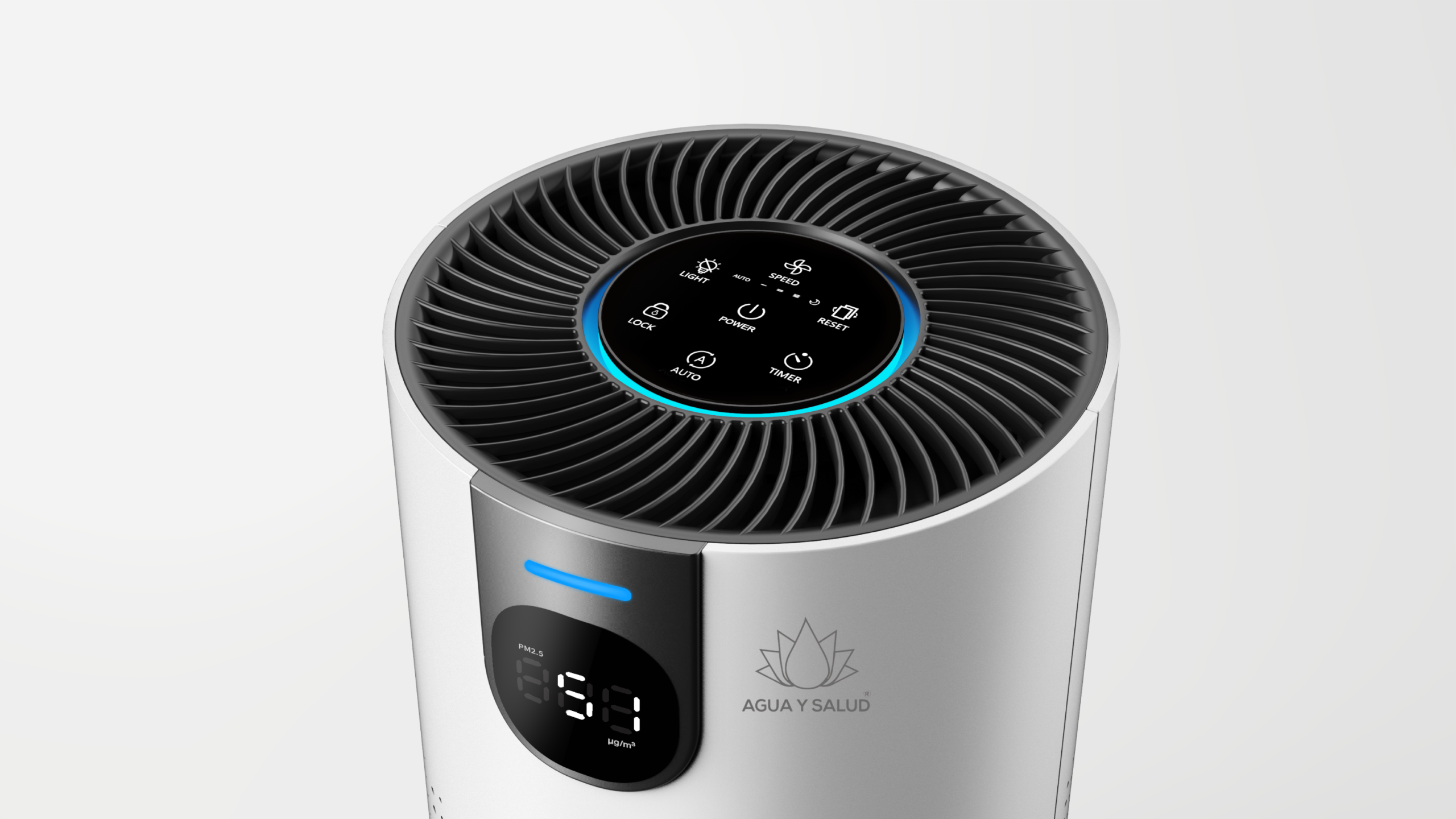 Panel táctil superior con todos los controles del purificador AireVital Pro
