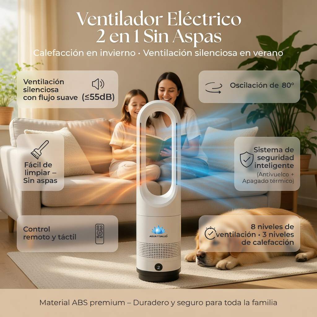 Calefactor y ventilador sin aspas 2 en 1 en living familiar — silencioso, seguro para niños y mascotas