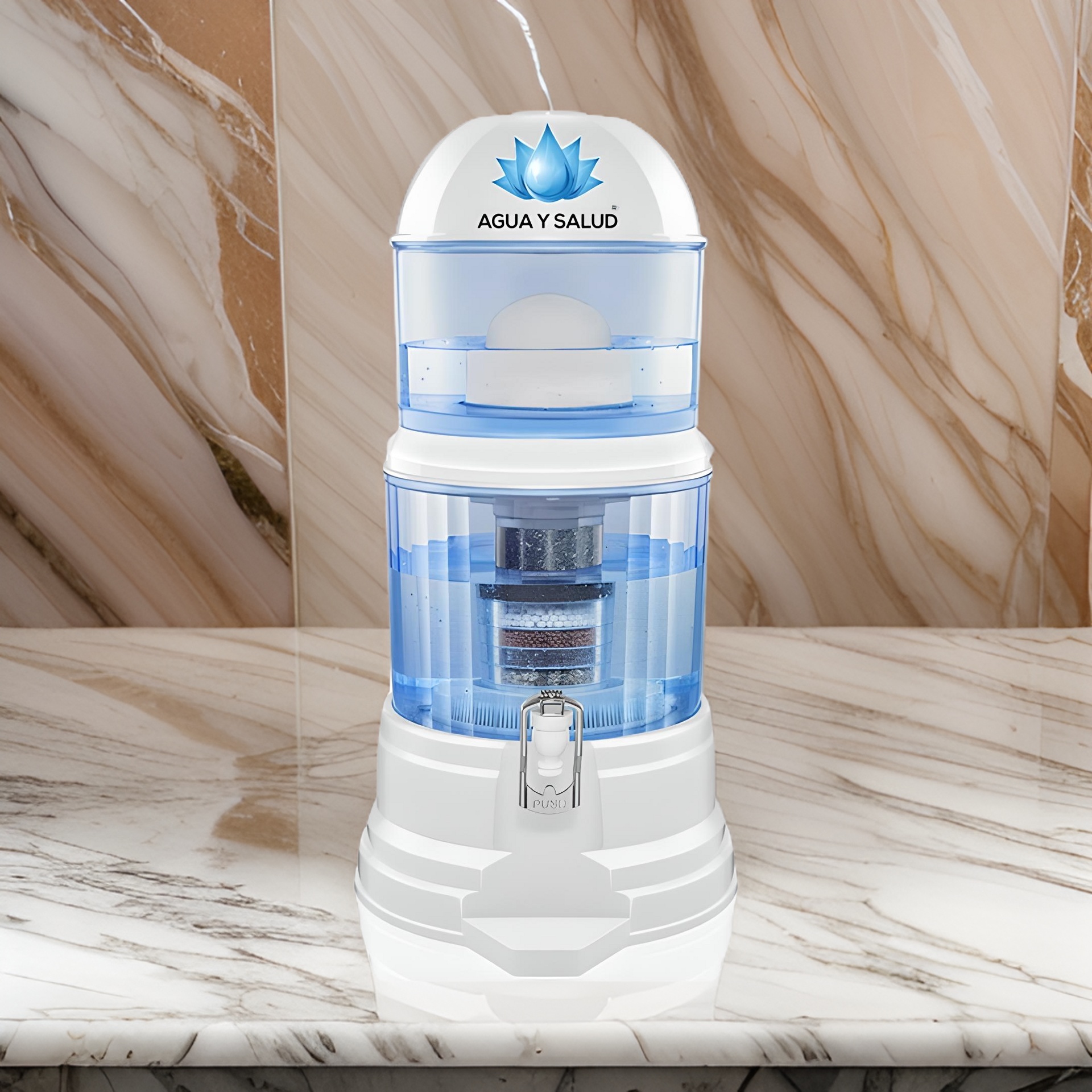 Purificador de agua por gravedad Agua y Salud en una cocina