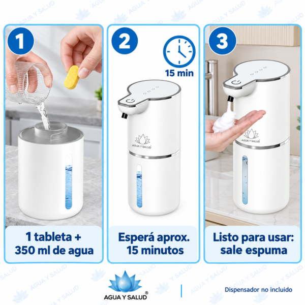 Preparación del jabón en espuma: agregar una tableta y 350 ml de agua, esperar unos 15 minutos y dispensar. Dispensador no incluido.