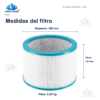 Dimensiones y peso del filtro de repuesto para el equipo 3 en 1 de Agua y Salud. Diámetro: 188 mm. Altura: 127 mm. Peso: 0,25 kg. Medidas del filtro de repuesto: 188 mm de diámetro, 127 mm de altura y 0,25 kg de peso.