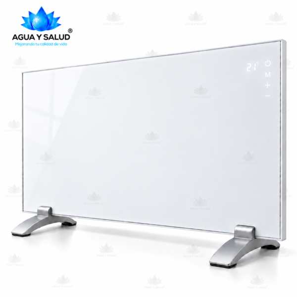 Panel calefactor infrarrojo digital 600W de cristal, vista lateral con patitas y control táctil