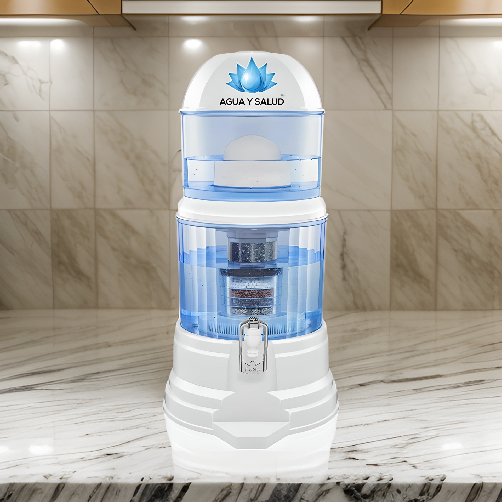 Purificador de agua 8 Etapas 14 litros Agua y Salud en una cocina