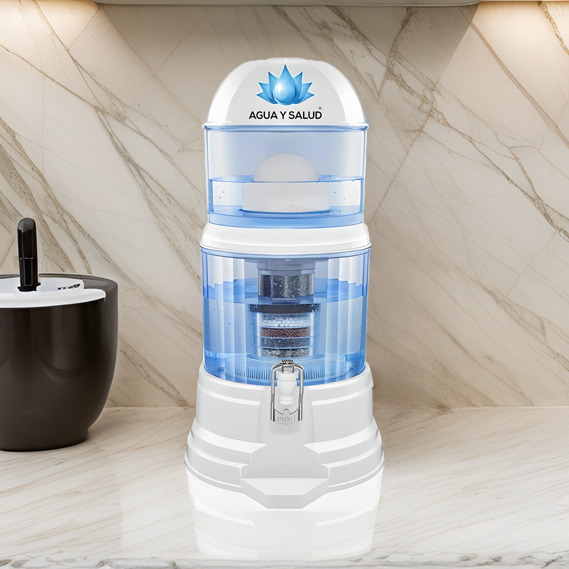 Purificador de agua multietapa Agua y Salud sobre mesada, mantenimiento simple