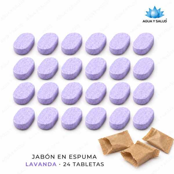 Tabletas lilas de jabón de manos en espuma, aroma lavanda, presentación de 24 unidades de Agua y Salud.