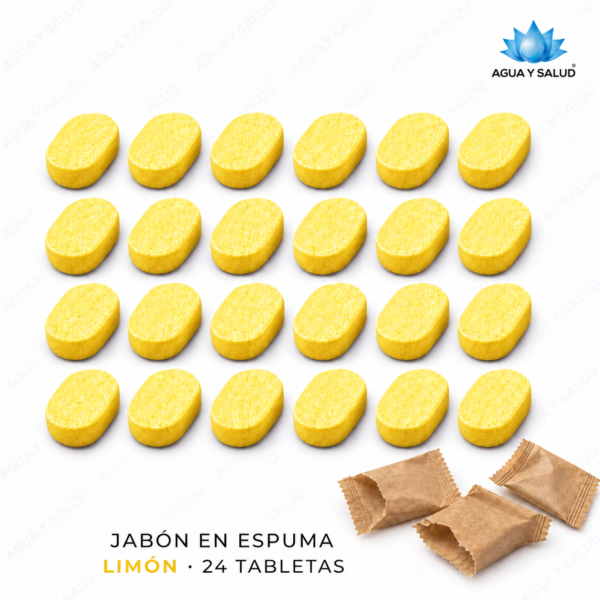 Tabletas efervescentes de jabón de manos en espuma, aroma limón. Presentación de 24 tabletas de 8 g. Cada tableta se prepara con 350 ml de agua en un dispensador apto para jabón en espuma. Tabletas amarillas de jabón de manos en espuma, aroma limón, presentación de 24 unidades de Agua y Salud.